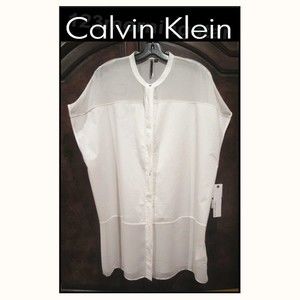 Calvin Klein Jeans NEW Soft Girl Semi-Sheer Panels Mandarin Collar Blouse L